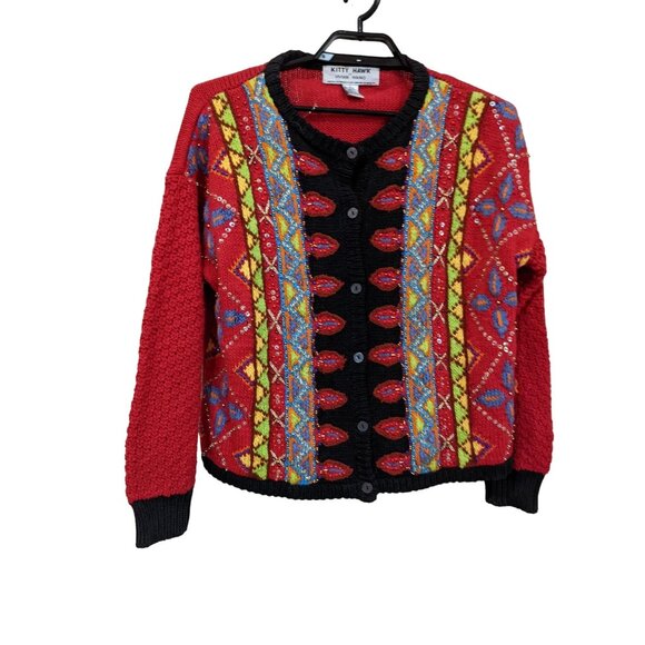 Kitty Hawk By Vivian Wang Colorful Knit Cardigan Sweater Red/Black Beaded Button - Picture 6 of 7